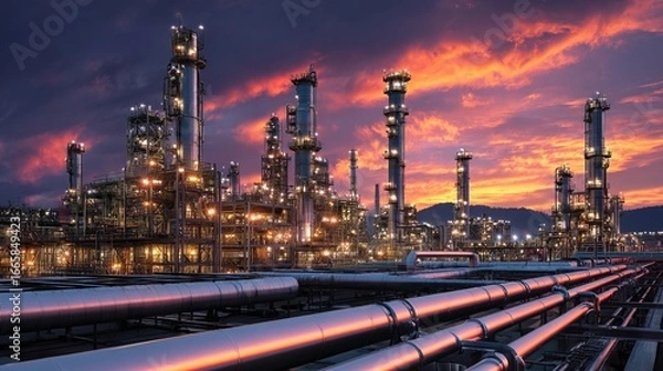 Fototapeta Dusk oil refinery complex with glowing pipelines industrial site sunset sky atmospheric view energy production concept