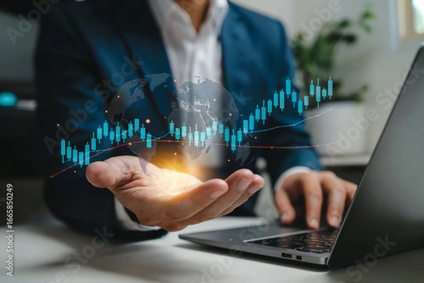 Fototapeta Businessman analyzes financial growth chart using futuristic technology and laptop in modern office setting