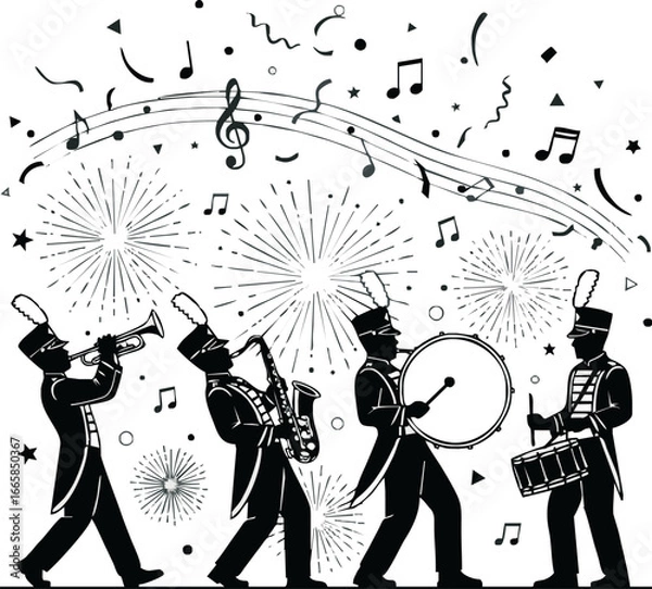 Fototapeta Black and white illustration of a marching band playing instruments with musical notes, confetti, and fireworks in the background.