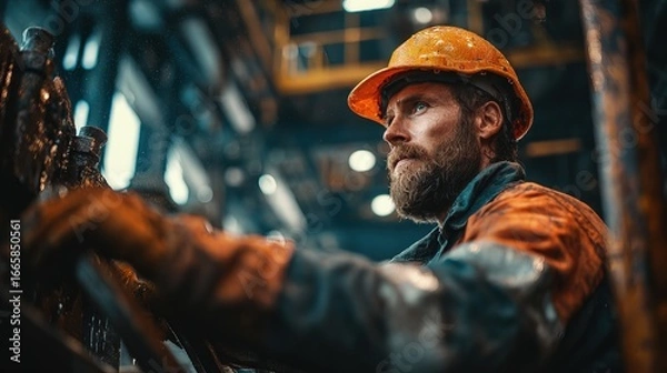 Fototapeta Industrial worker operating heavy machinery in a factory environment cinematic perspective of industrial labor dynamics