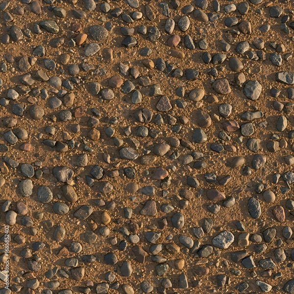 Obraz Cobblestone texture with various sized, colored stones and earth in an outdoor setting. High-angle close-up view of a gravel road surface.