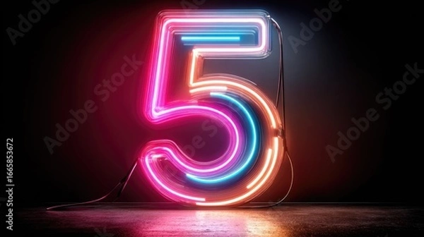 Fototapeta Glowing neon number five on dark background