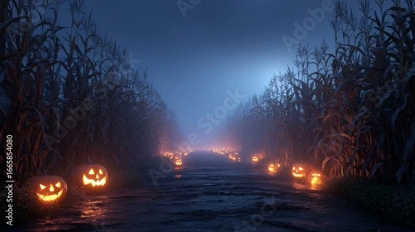 Fototapeta Glowing Pumpkins Line a Foggy Cornfield Path at Night
