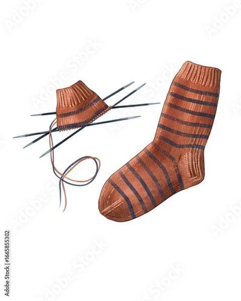 Fototapeta Knitting a cozy striped sock with colorful yarn in a comfortable indoor setting during a leisurely afternoon