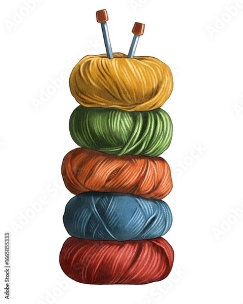 Fototapeta Colorful yarn stacked neatly with knitting needles resting on top in a cozy crafting space