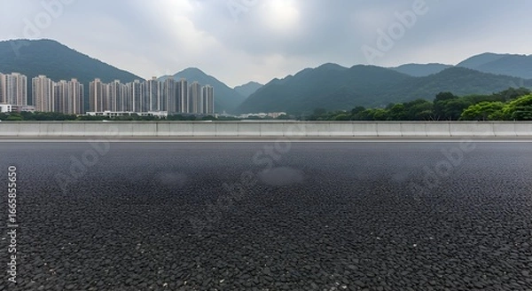 Obraz Empty highway asphalt with city and mountain backdrop. A wide, paved road stretches towards a verdant mountain range in the background, with city buildings in the middle ground.