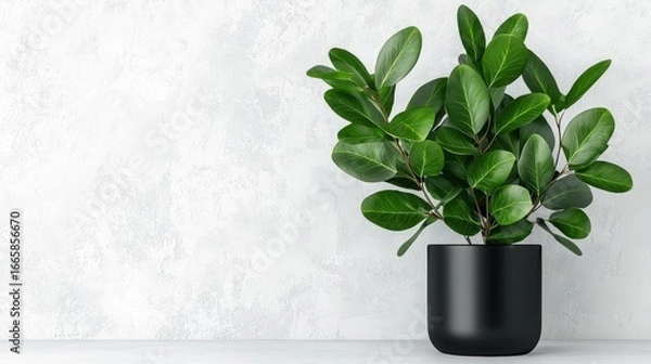 Fototapeta A potted plant with large green leaves sits on a white shelf against a white wall.