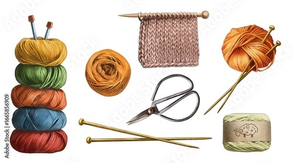 Fototapeta Yarn crafting supplies arranged with colorful skeins, knitting tools, and scissors on a plain background