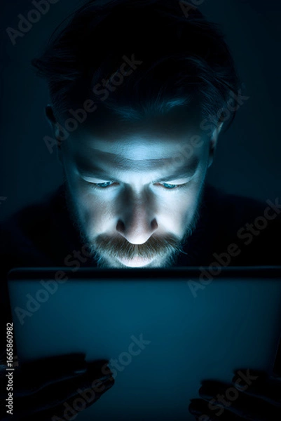 Fototapeta Intense Man Using Tablet in Dark, Low-Key Dramatic Portrait, Cybersecurity, Hacker, Mystery, Technology