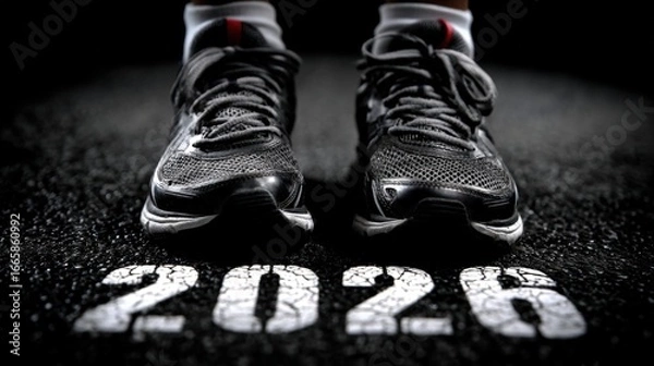 Obraz Runners prepare to take off from the starting line marked with 2026, symbolizing an exciting new year filled with athletic challenges and triumphs ahead