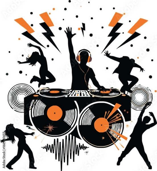 Fototapeta Silhouette DJ with raised arms and dancing figures surrounded by music-themed elements.