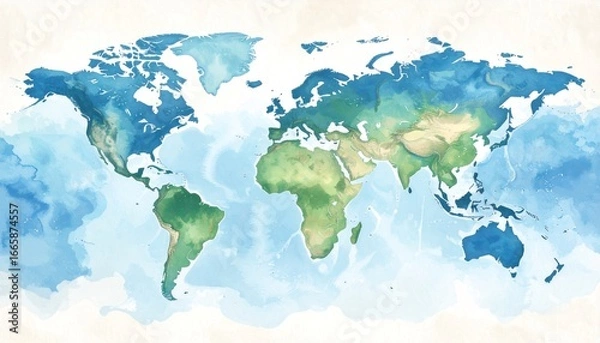 Obraz Watercolor World Map with Global, Geography, and Travel.