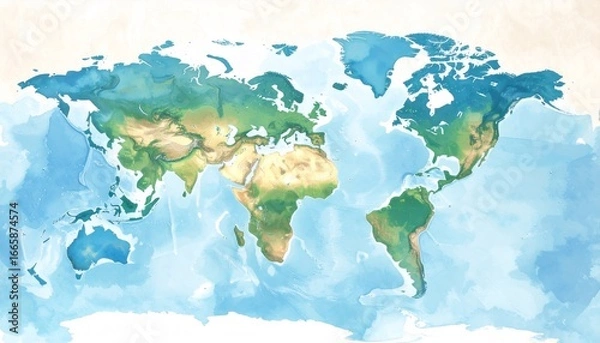 Obraz Watercolor World Map with Global, Earth, and Terrain.