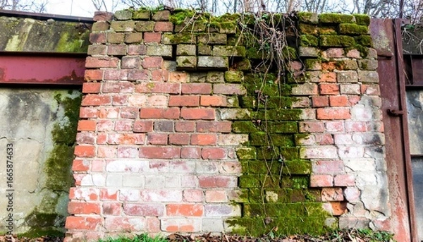Obraz Weathered Brick Wall with Moss, Decay, and Urban Decay.
