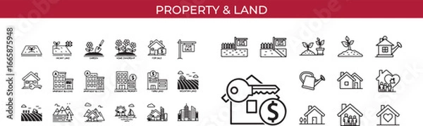 Fototapeta Property and land icon set featuring real estate, houses, buildings, and signs for sale, perfect for illustrating investment, market trends, and the business of architecture