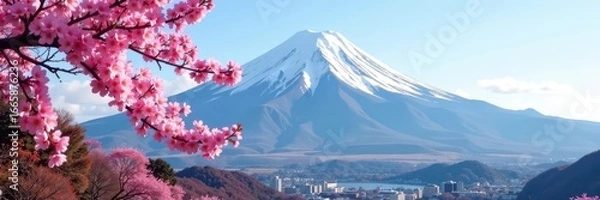 Obraz Pink cherry blossoms in full bloom against Mount Fuji's majestic peak , photography, iconic mountain