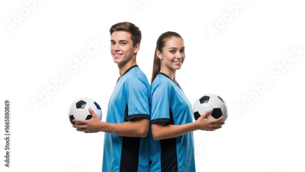 Fototapeta Soccer Duo: A coordinated duo of athletes, male and female, stand back to back, each proudly displaying a soccer ball, dressed in matching team uniforms, conveying partnership and shared commitment. 