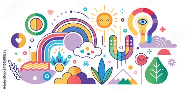 Fototapeta Abstract illustration featuring rainbow sun clouds and graphic elements creates a vibrant and playful composition with positive and creative energy