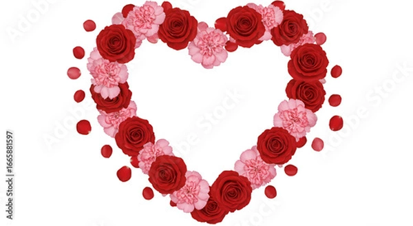 Fototapeta Stunning heart frame bursting with vibrant red roses and delicate pink carnations, perfect for romantic celebrations and heartfelt expressionsisolated on white background