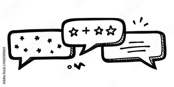 Fototapeta And white hand drawn speech bubbles with star ratings,text,and stars for customer feedback on white background