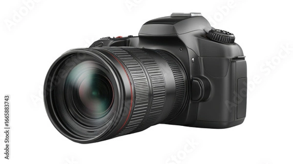 Obraz DSLR camera with a zoom lens on a white isolate background.