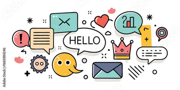 Fototapeta Doodle style illustration featuring chat bubbles and graphic elements for modern communication design projects