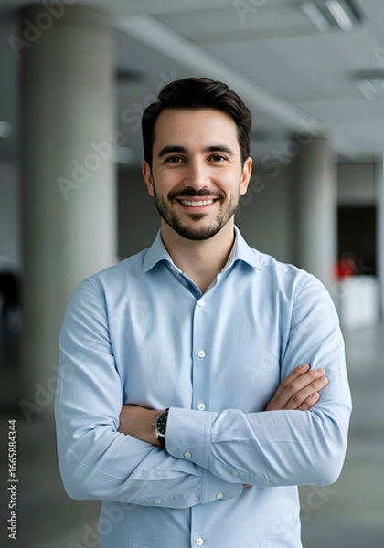 Obraz A smiling adult male in a light blue button-up shirt stands with arms crossed in a modern office setting. Mid-adult professional male in a business setting.