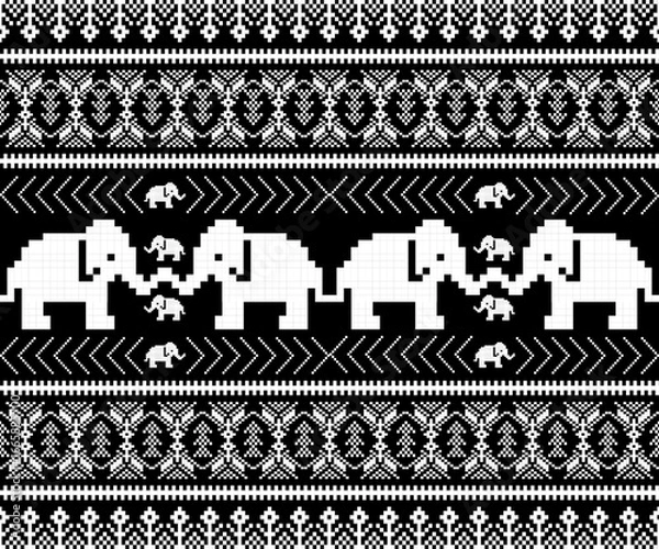 Fototapeta Elephant thai pants seamless pattern with motif element cross stitch black and white background. Design for wallpaper,carpet, clothing, fashion, fabric.