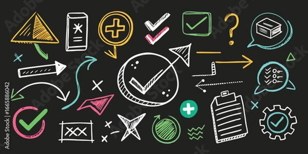 Fototapeta Hand drawn business concept icons and symbols on dark background illustrating business strategy planning and decision making with sketchy doodle style