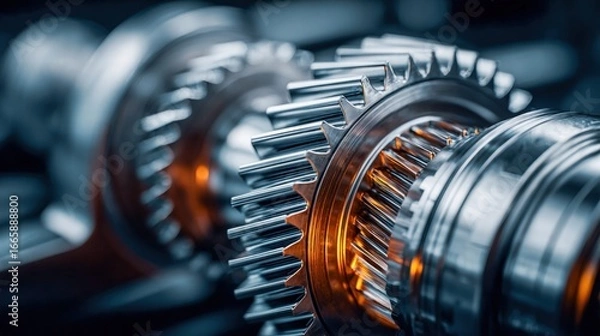 Fototapeta Metal gears in a machine interlock in this macro shot, showcasing intricate engineering details.