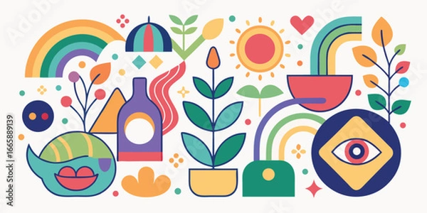 Fototapeta Playful geometric abstract illustration with rainbows,flowers,plants,sun,and smiling character perfect for creative designs and artistic backgrounds