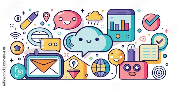 Fototapeta Playful illustration of social media and internet communication icons featuring smiles and engaging elements for online platforms and digital marketing