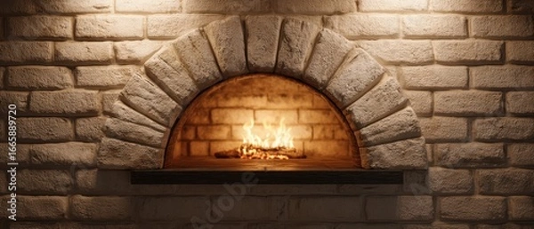 Fototapeta The stone brick oven with glowing fire in rustic warm kitchen setting