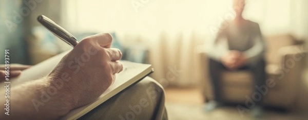 Fototapeta The therapist taking notes during a confidential counseling session in warm office lighting