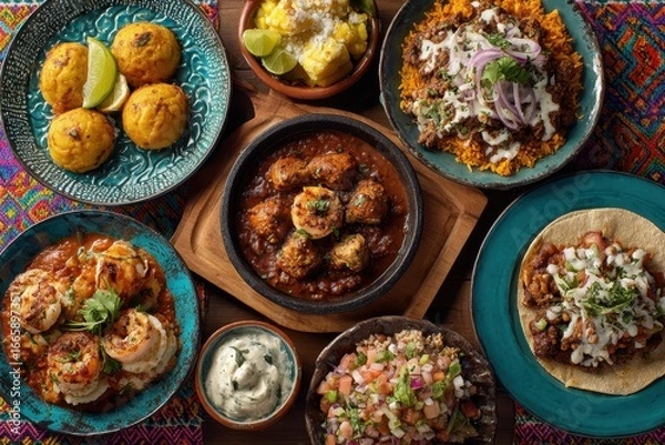 Fototapeta Varied display of authentic Mexican food featuring diverse dishes and vibrant colors viewed from above on a wooden table