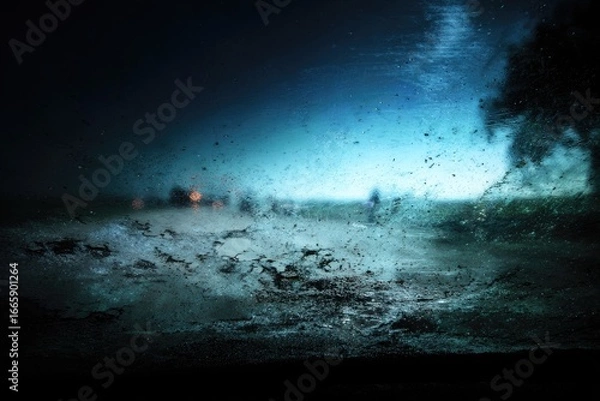 Fototapeta Nighttime storm viewed through a dirty window.  Blurred figures and landscape under a turbulent sky