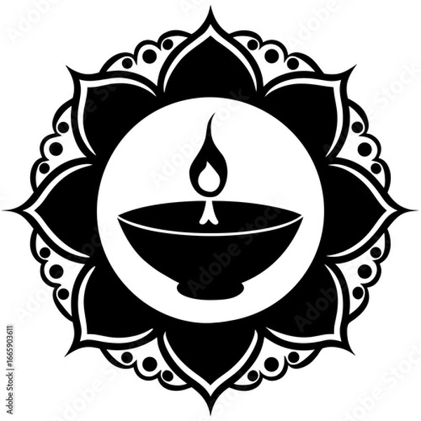 Fototapeta Diya Lamp Silhouette with Floral Frame Vector