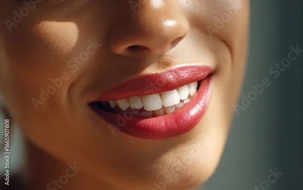 Fototapeta Close-up of a smiling mouth with glossy red lipstick and bright white teeth, showing smooth skin and a polished, confident smile.