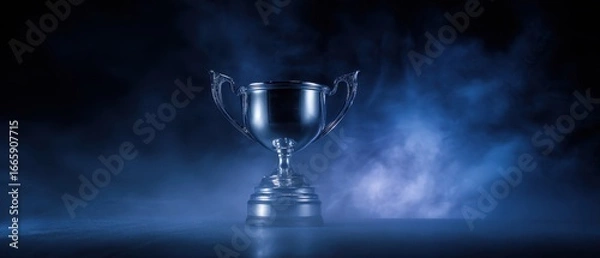 Obraz The trophy cup on dramatic blue smoky stage symbolizing victory and achievement