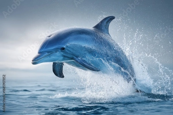 Fototapeta Bottlenose dolphin leaps joyfully from ocean waves at dawn showcasing its playful nature