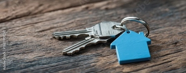 Fototapeta The keys with blue house-shaped keychain on rustic wooden table symbolizing homeownership