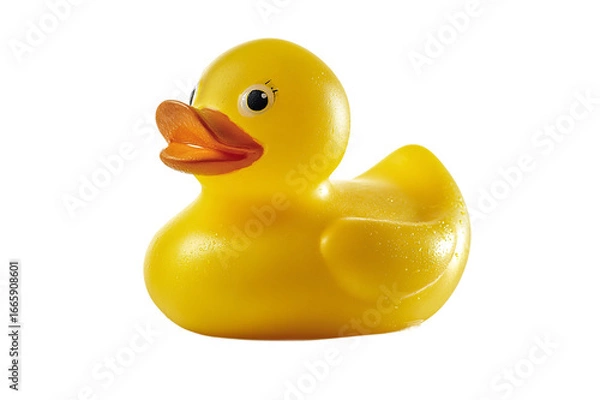 Fototapeta A bright yellow plastic ducky, a classic childhood bath toy, is isolated on a transparent background