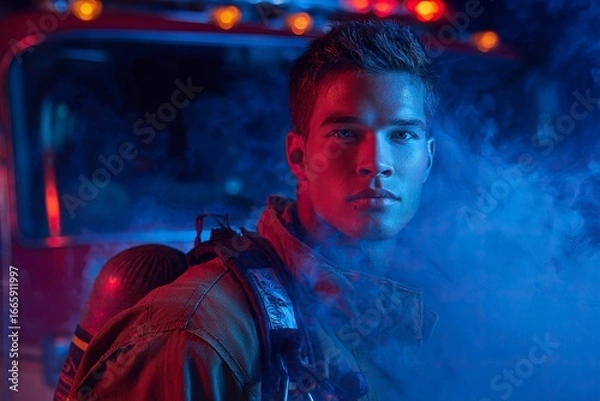 Fototapeta A handsome young man dressed as a firefighter stands in the background of blue smoke and a fire engine, a full-body portrait photograph with soft lighting, studio lighting,