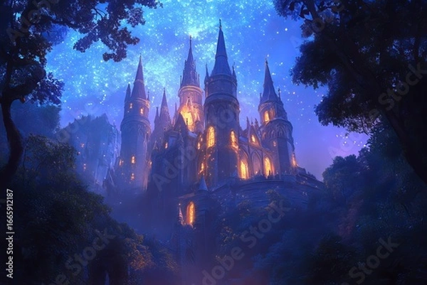 Fototapeta In a fantastical landscape of wonder, a fairy tale castle rises with majestic towers and an atmosphere of magic and awe
