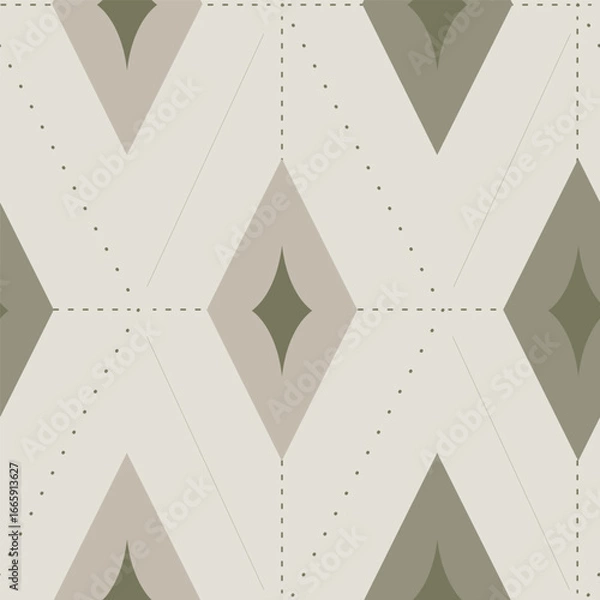 Fototapeta Geometrical diamond shapes with dots and lines as a sparkling celestial design in colors of green and gray on off white background. Art deco seamless vector pattern. Great for home decor, fabric,gifts