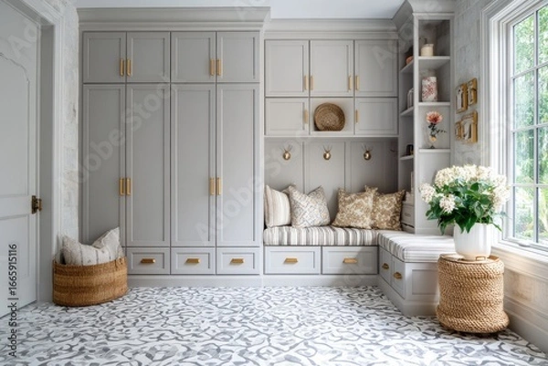 Fototapeta Light gray built-in cabinetry, corner bench, and patterned tile floor in a bright entryway