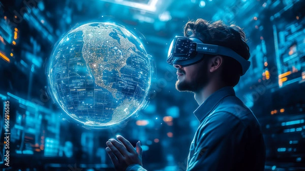 Fototapeta A businessman wearing VR glasses interacts with a holographic globe. The concept of virtual reality, global connectivity, and futuristic business innovation. Generative AI.