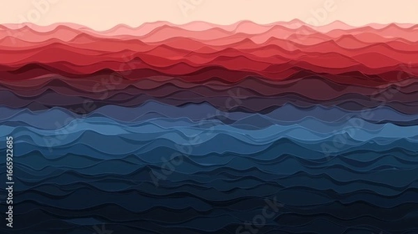 Fototapeta A digital illustration of a wave-like pattern in shades of pink, red, blue, and black.