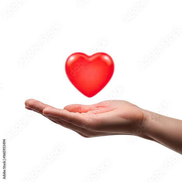 Fototapeta Giving and receiving love concept: A vibrant red heart floating above a caring hand, showing compassion and connection