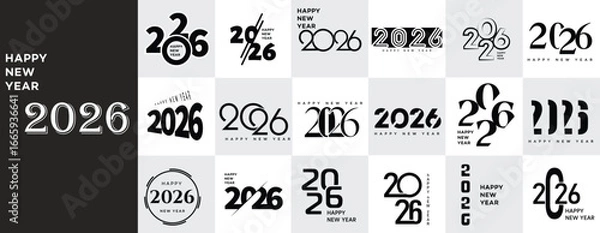 Fototapeta Set of Happy New Year 2026 logo design template. Vector illustration for calendar, invitations, greeting cards, banner, poster Mega Set. New Year Logo Collection-Typography Text..